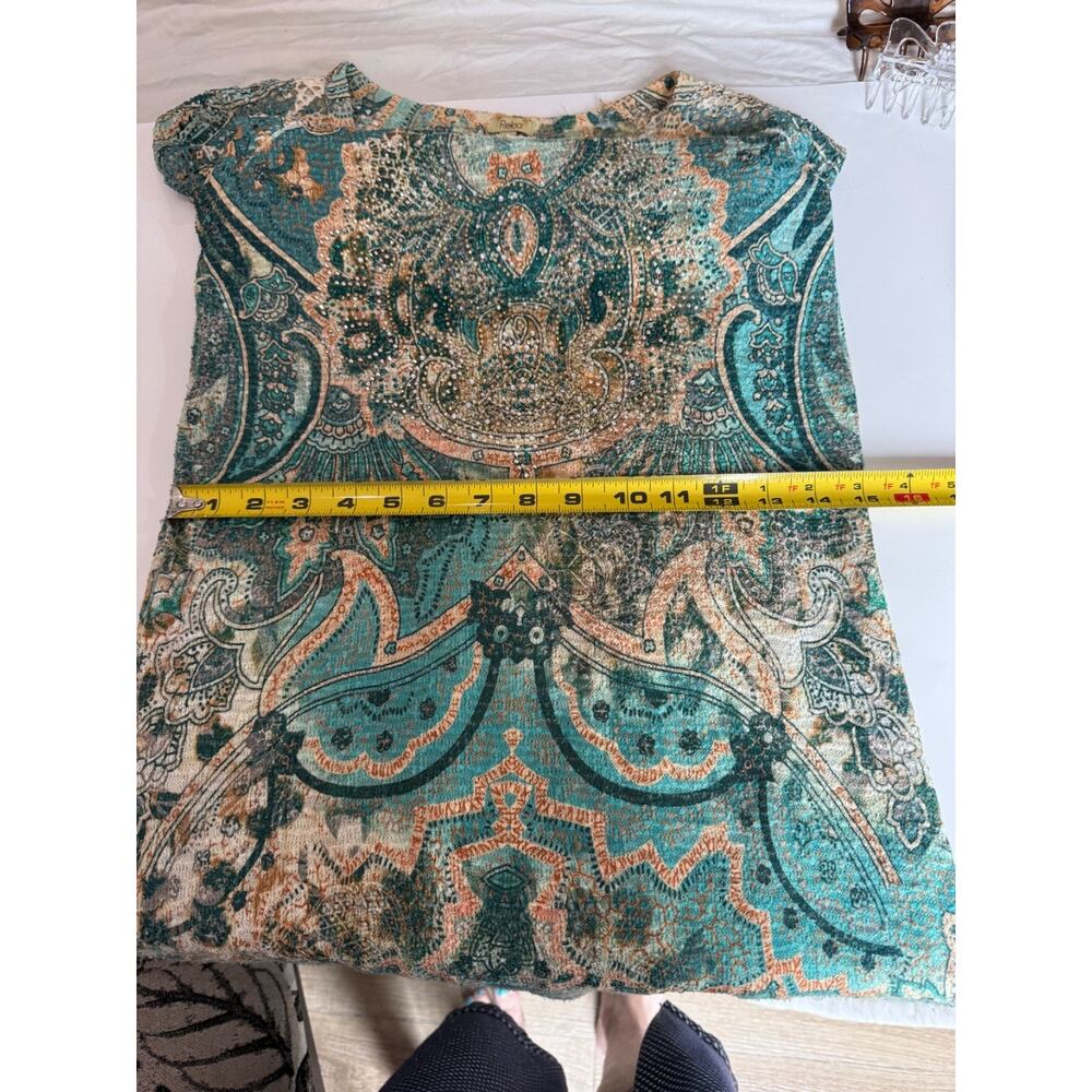 Reba Rhinestoned Paisley Green Midi Dress V-Neck cap sleeve SZ Medium - Picture 10 of 15
